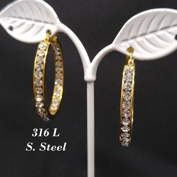 Gold Rhinestone Hoop Earrings 316L Stainless Steel Pierced 1.5" Vintage - Picture 1 of 9